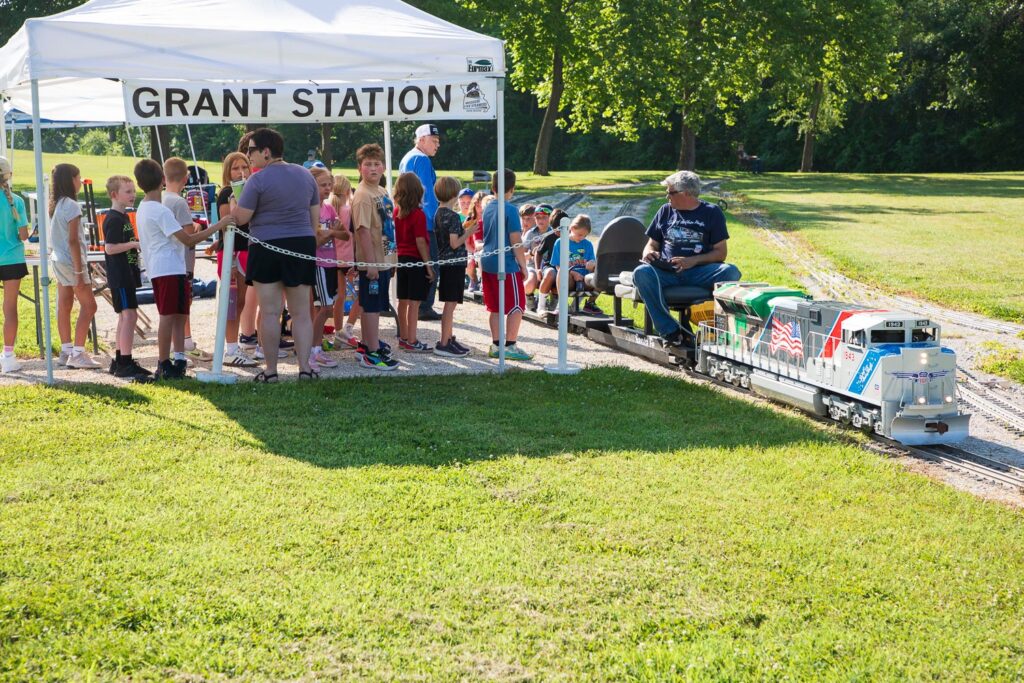 A model steam locomotive on the Missouri Live Steamers track